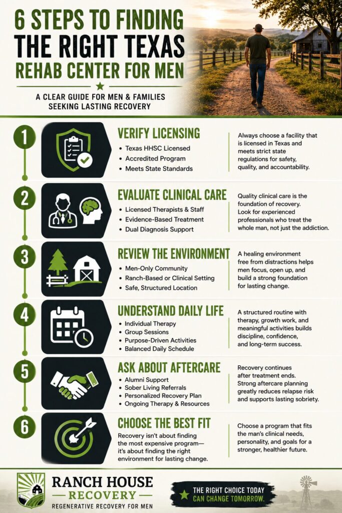 Infographic outlining six essential steps for choosing the right Texas rehab center for men, including licensing, clinical care, treatment environment, daily programming, aftercare planning, and selecting the best program for long-term recovery.