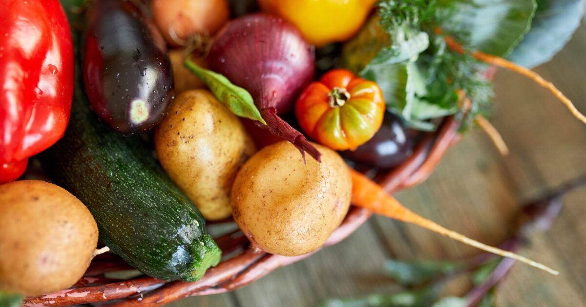 A basket filled with freshly harvested vegetables including potatoes, tomatoes, and onions.