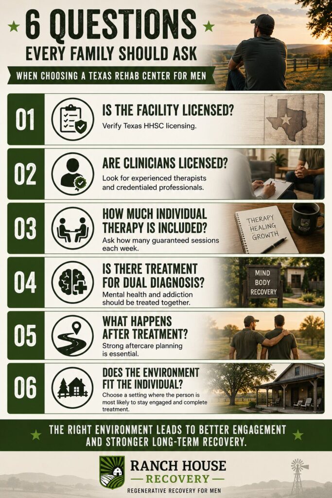 Infographic showing six essential questions to ask when choosing a Texas rehab center for men, including licensing, therapy, dual diagnosis, aftercare, and treatment environment.