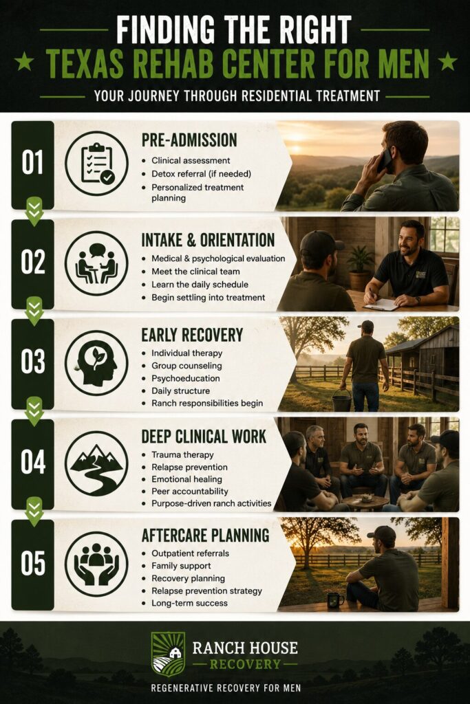Infographic illustrating the five stages of residential addiction treatment for men, from pre-admission and intake through therapy, ranch activities, and aftercare planning.