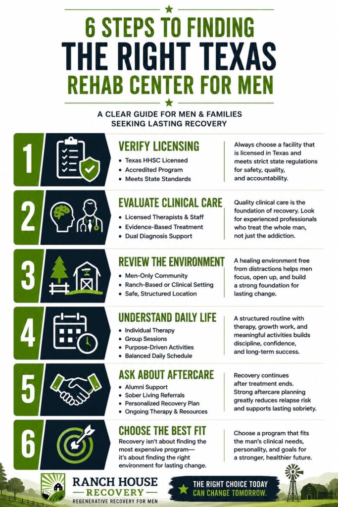 Checklist infographic featuring ten important questions families should ask before choosing a Texas rehab center, covering licensing, therapy, dual diagnosis, staff qualifications, daily schedules, detox services, aftercare, and treatment environment.